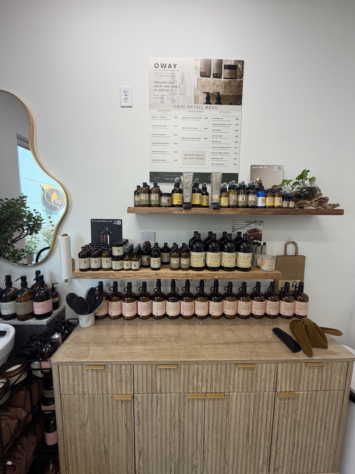 OWAY products displayed in Paula’s salon